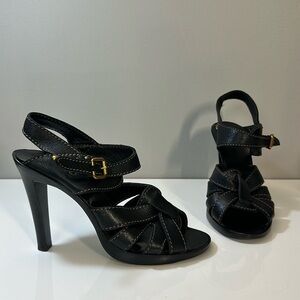 Chloe Black Leather Strap Stacked Sandal Heels Size 40
